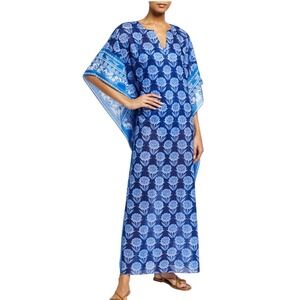 JOHNNY WAS Floral Maxi Kaftan Cover Up Dress YAO Blue White XL Bohemian ‎ Resort